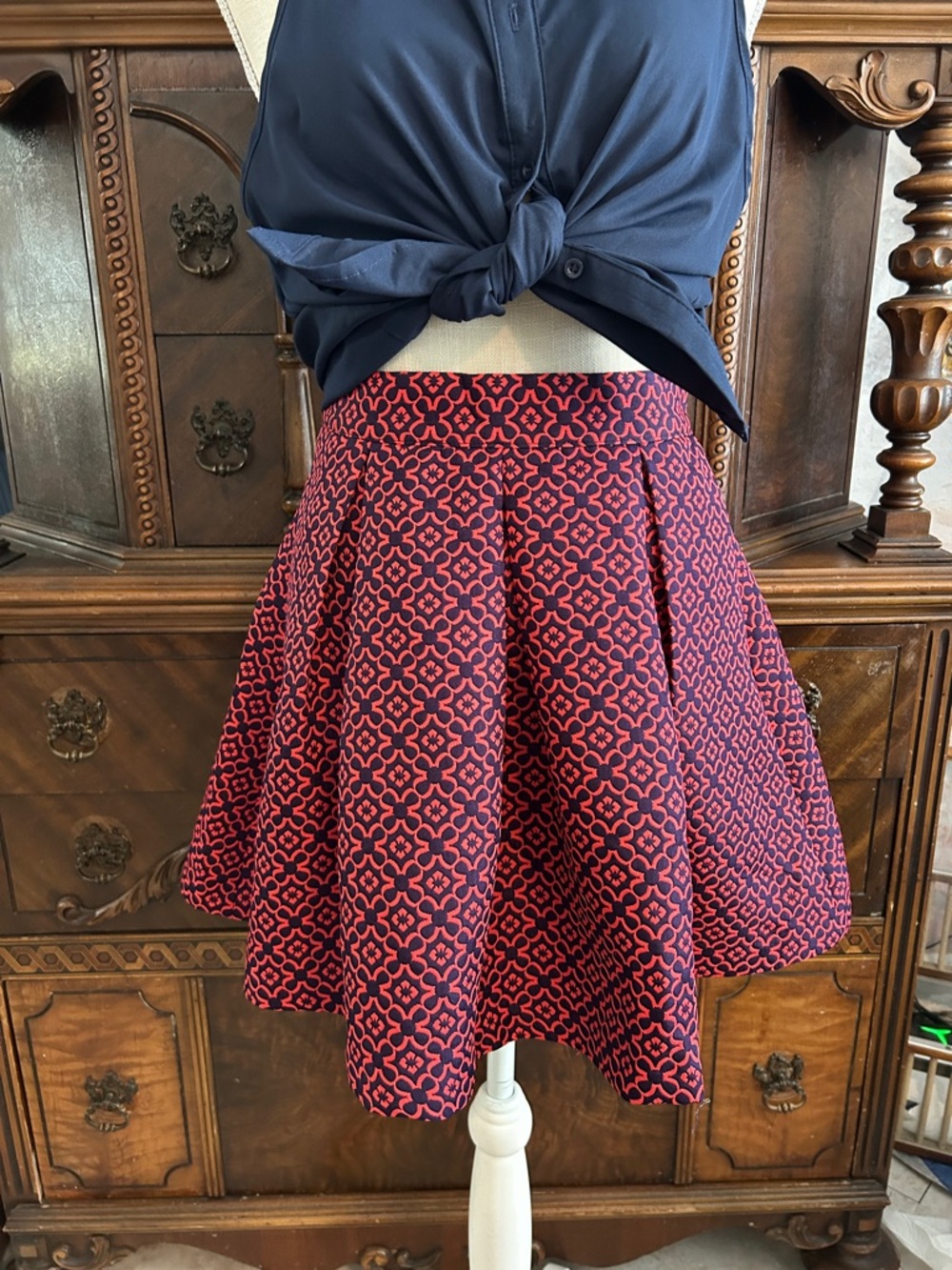 Women's Red and Navy Patterned Flared Skirt